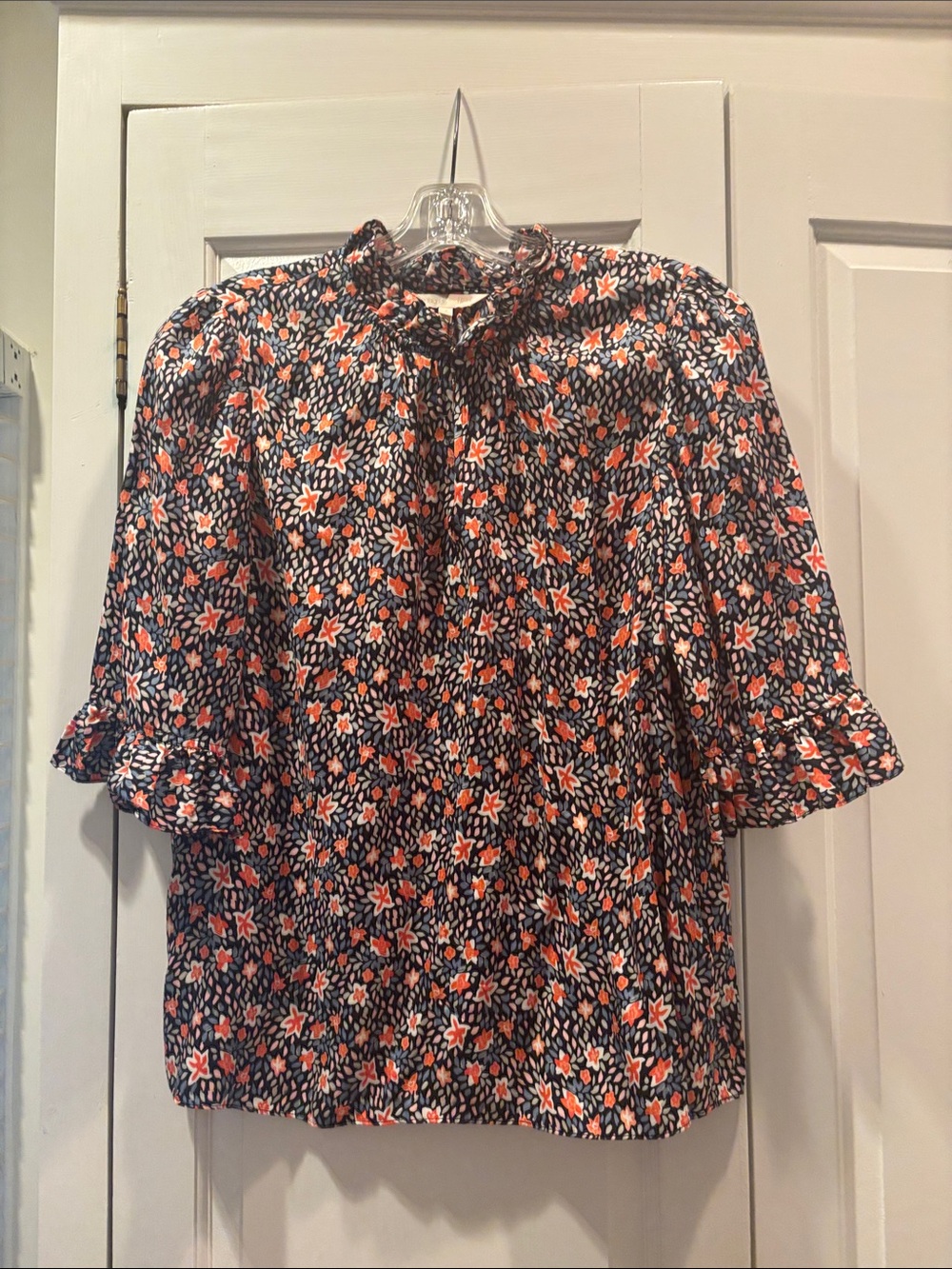 Rebecca Taylor Navy Floral Ruffle Sleeve Blouse